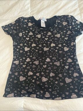 Girls' Black Short Sleeve Tee with Sparkling Silver Hearts
